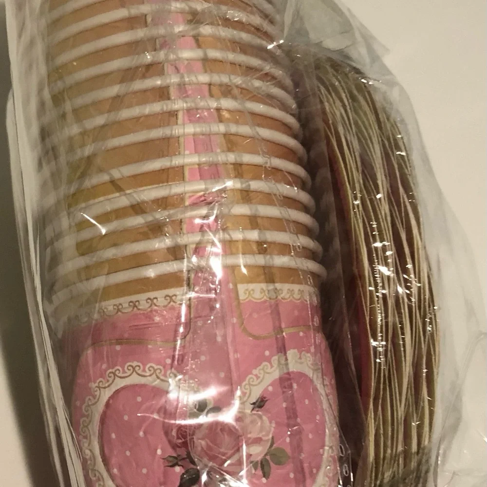 Elegant 60 PCS Pink Floral Party paper Plates and cups with handle.